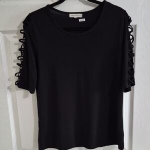 RETROLOGY, black top with unique sleeves, stretch, career, office, Med